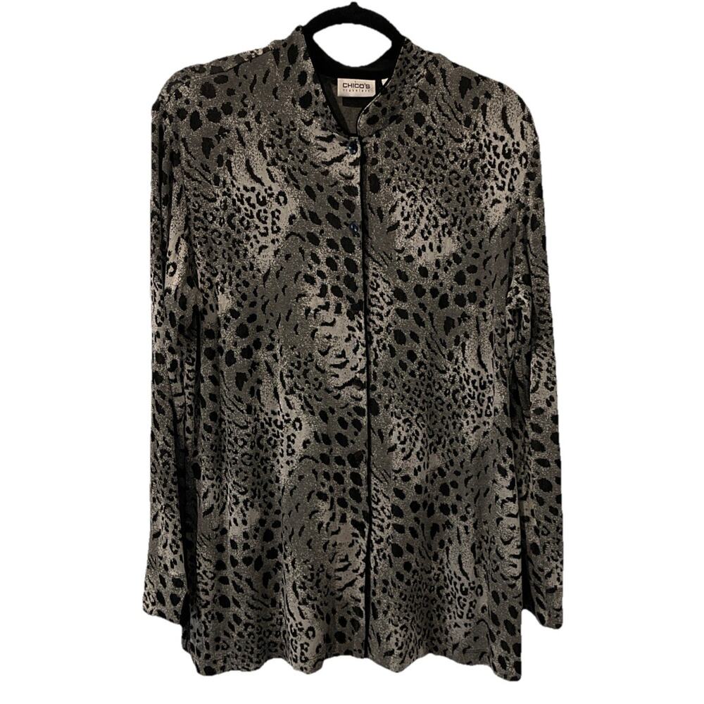 Chico’s Black Silver Animal Print Jacket Tunic Nehru Collar Womens Size XL